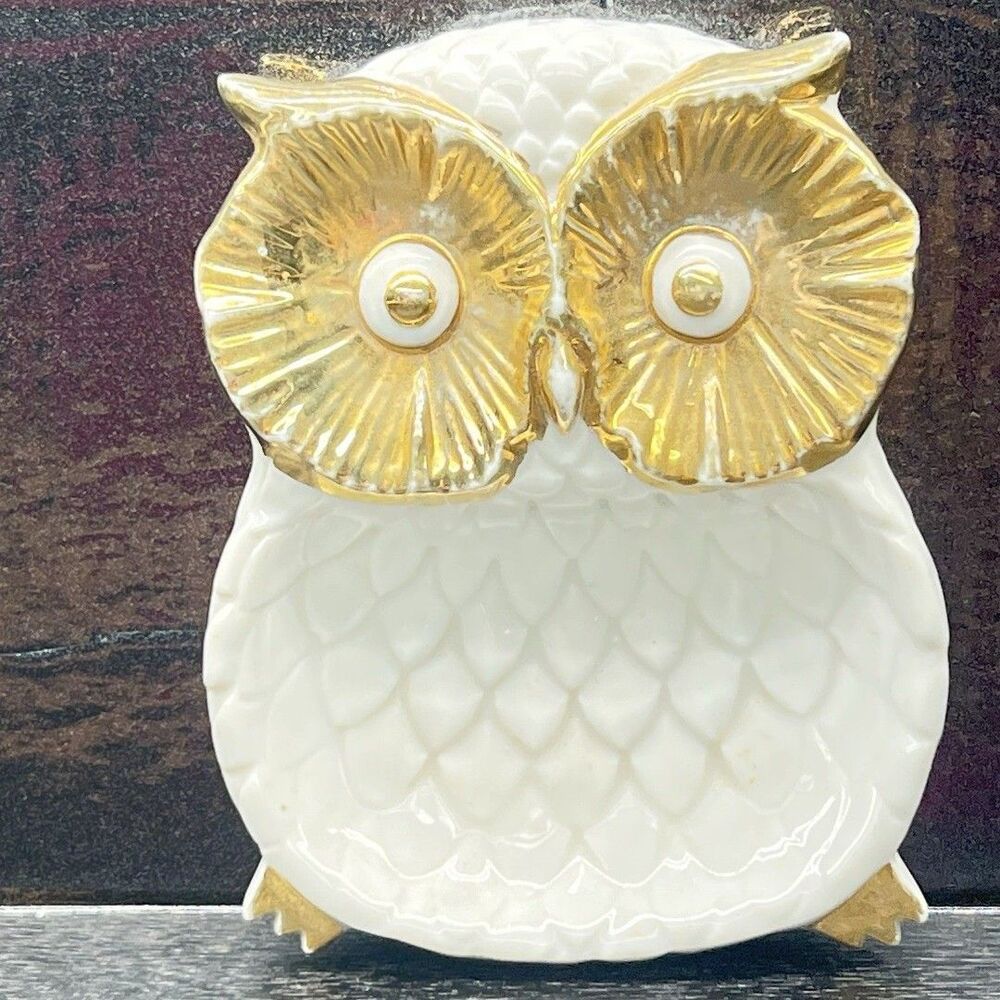 Vintage Enesco Wise Old Owl Soap/Trinket Dish - Beveled -White & 18kt Gold